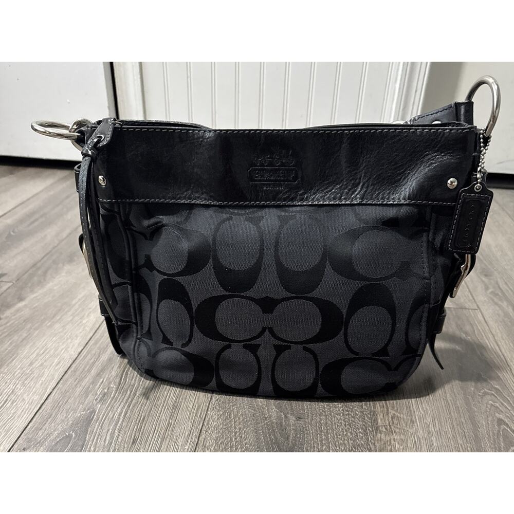 Coach Zoe Signature Hobo Shoulder Bag Purse Black Leather Trim 12657 Buckle Y2K